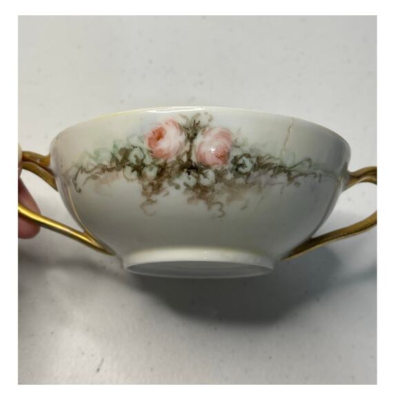 Favorite Bavaria Hand-Painted 4.5" Two-Handle Tea Cup, Pink Flowers Gold Accents - Picture 15 of 16